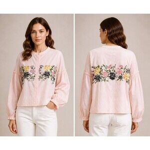 Max Sport Women’s Size L Beautifully Embroidered Front And Back Pink Blouse EUC
